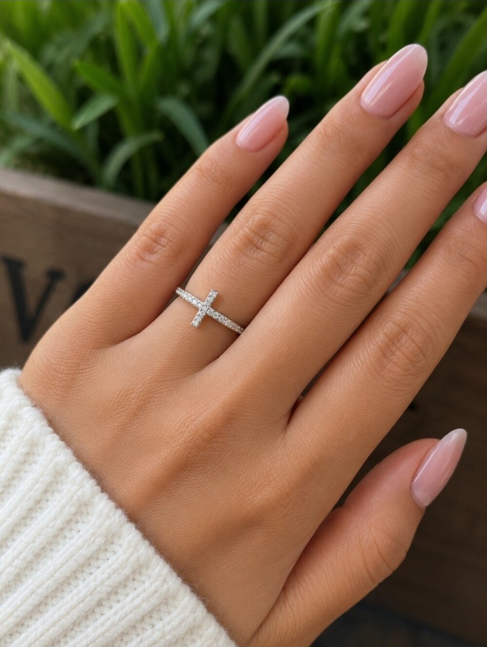 New Silver Cross ring with inlaid zircon stones 925 Silver Plated Ring